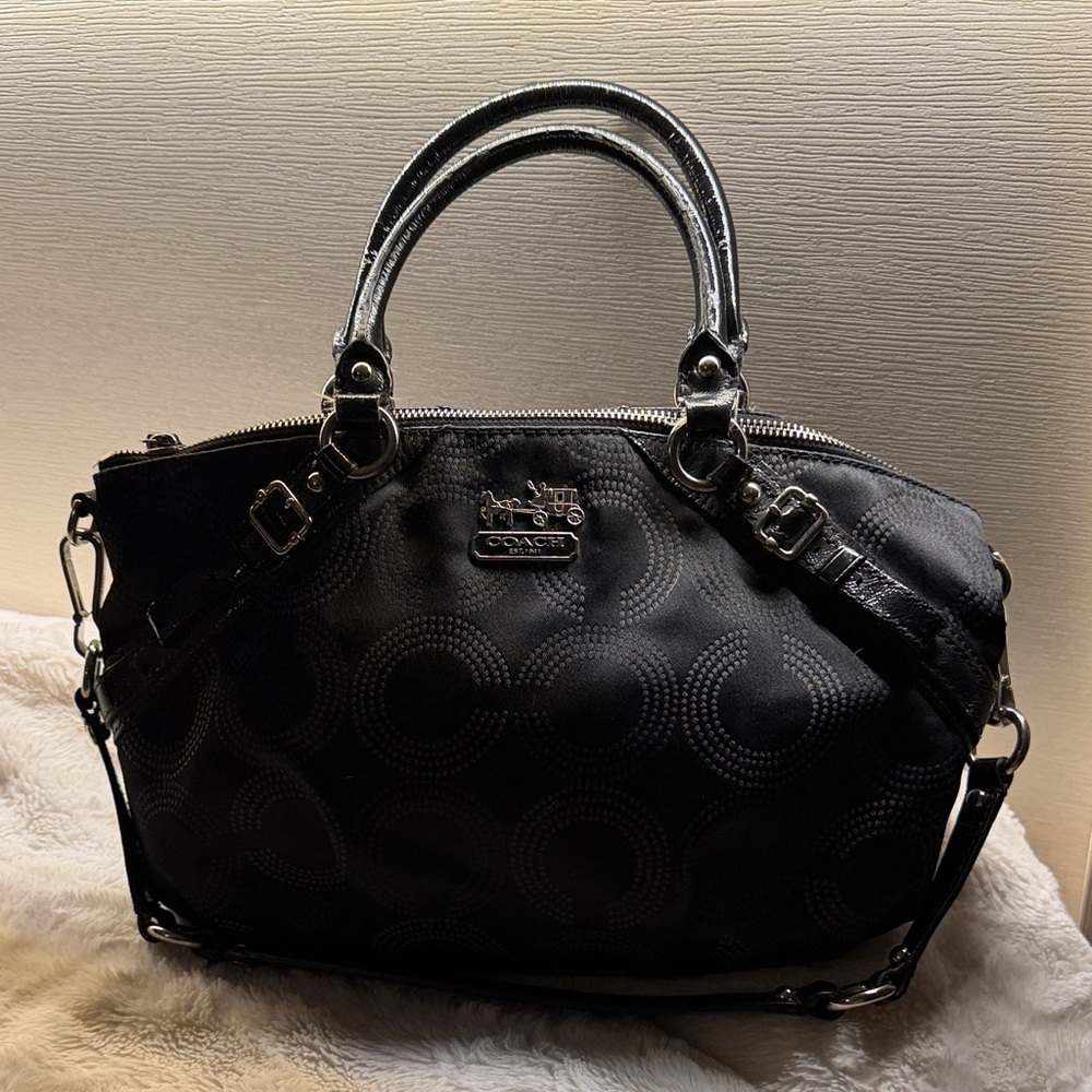 Coach Madison Signature Op Art Black Canvas top handle satchel shoulder bag AUTH